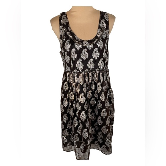Free People 🖤 Jacquard Sleeveless Mini Dress Black Tan Metallic Studs Womens 10 - Picture 4 of 13